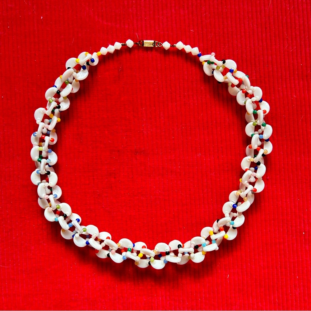 Vintage 1950s 1960s Mod Funky Artisan Milk Glass & Multicolor Beaded Necklace